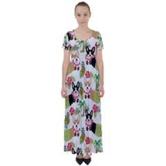 Corgis Hula Pattern High Waist Short Sleeve Maxi Dress by Sapixe