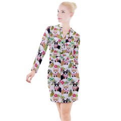 Corgis Hula Pattern Button Long Sleeve Dress by Sapixe