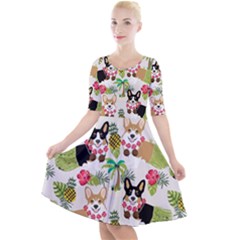 Corgis Hula Pattern Quarter Sleeve A-Line Dress