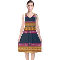 Diamond Red Black Pink Orange African Print V-neck Midi Sleeveless Dress  by thomaslake