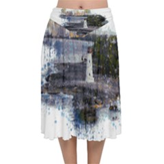 Lighthouse Art Sea Ocean Vintage Velvet Flared Midi Skirt