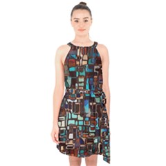Stained Glass Mosaic Abstract Halter Collar Waist Tie Chiffon Dress