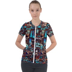 Stained Glass Mosaic Abstract Short Sleeve Zip Up Jacket