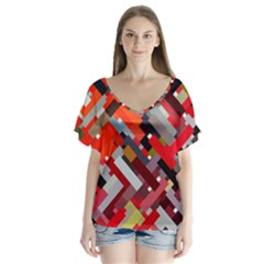 Maze Mazes Fabric Fabrics Color V-neck Flutter Sleeve Top