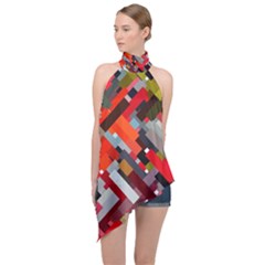 Maze Mazes Fabric Fabrics Color Halter Asymmetric Satin Top by Sapixe