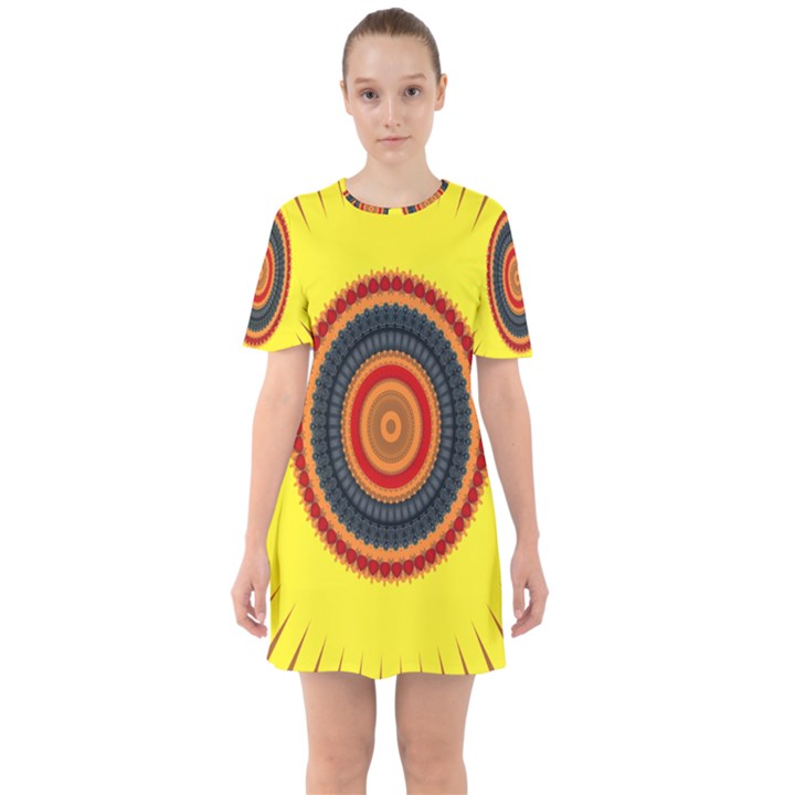 Art Decoration Wallpaper Bright Sixties Short Sleeve Mini Dress