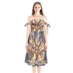 Tree Forest Woods Nature Landscape Shoulder Tie Bardot Midi Dress