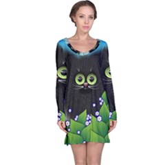 Kitten Black Furry Illustration Long Sleeve Nightdress by Sapixe