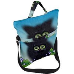 Kitten Black Furry Illustration Fold Over Handle Tote Bag