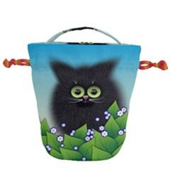 Kitten Black Furry Illustration Drawstring Bucket Bag by Sapixe
