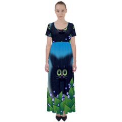 Kitten Black Furry Illustration High Waist Short Sleeve Maxi Dress