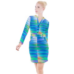 Wave Rainbow Bright Texture Button Long Sleeve Dress by Sapixe