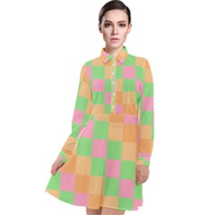 Checkerboard Pastel Squares Long Sleeve Chiffon Shirt Dress