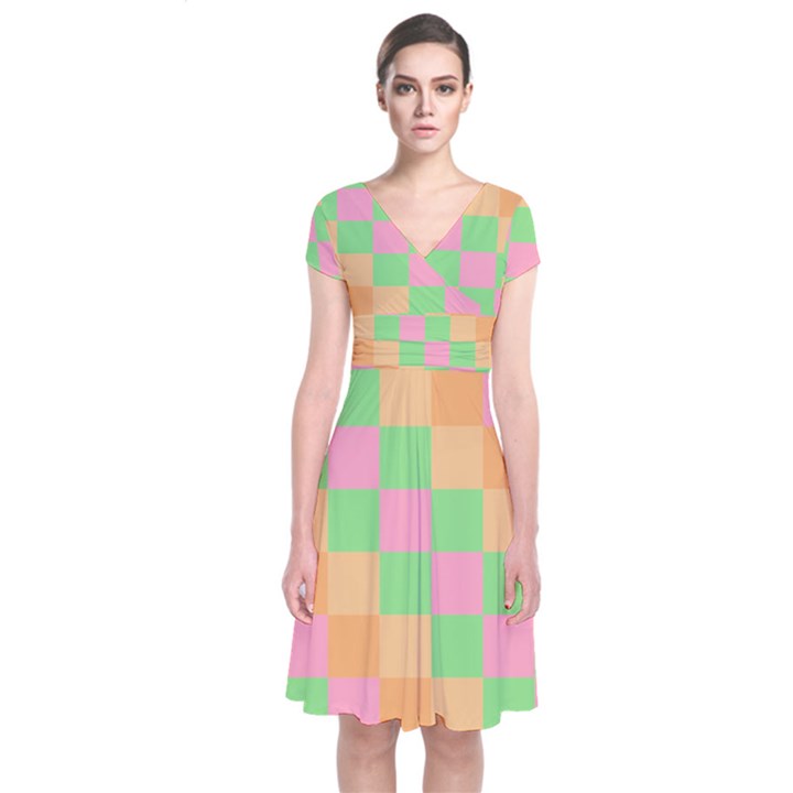 Checkerboard Pastel Squares Short Sleeve Front Wrap Dress