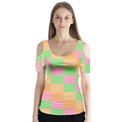 Checkerboard Pastel Squares Butterfly Sleeve Cutout Tee 