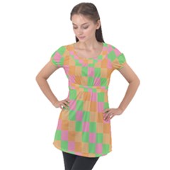 Checkerboard Pastel Squares Puff Sleeve Tunic Top