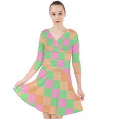 Checkerboard Pastel Squares Quarter Sleeve Front Wrap Dress