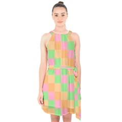 Checkerboard Pastel Squares Halter Collar Waist Tie Chiffon Dress