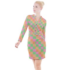 Checkerboard Pastel Squares Button Long Sleeve Dress