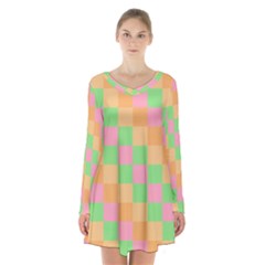 Checkerboard Pastel Squares Long Sleeve Velvet V-neck Dress