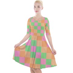 Checkerboard Pastel Squares Quarter Sleeve A-Line Dress