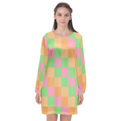 Checkerboard Pastel Squares Long Sleeve Chiffon Shift Dress 