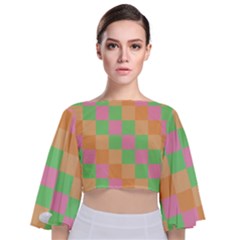 Checkerboard Pastel Squares Tie Back Butterfly Sleeve Chiffon Top