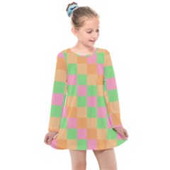 Checkerboard Pastel Squares Kids  Long Sleeve Dress