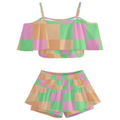 Checkerboard Pastel Squares Kids  Off Shoulder Skirt Bikini