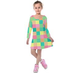 Checkerboard Pastel Squares Kids  Long Sleeve Velvet Dress by Sapixe