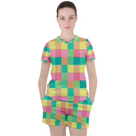 Checkerboard Pastel Squares Women s Tee And Shorts Set by Sapixe