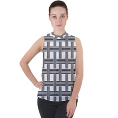 Seamless Stripe Pattern Lines Mock Neck Chiffon Sleeveless Top