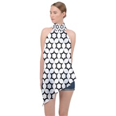 Pattern Star Repeating Black White Halter Asymmetric Satin Top by Sapixe