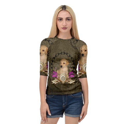 Cute Little Puppy With Flowers Quarter Sleeve Raglan Tee by FantasyWorld7