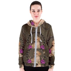 Cute Little Puppy With Flowers Women s Zipper Hoodie by FantasyWorld7