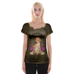 Cute Little Puppy With Flowers Cap Sleeve Top by FantasyWorld7