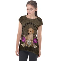 Cute Little Puppy With Flowers Cap Sleeve High Low Top by FantasyWorld7