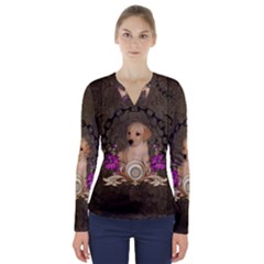 Cute Little Puppy With Flowers V-neck Long Sleeve Top by FantasyWorld7
