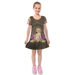 Cute Little Puppy With Flowers Kids  Short Sleeve Velvet Dress by FantasyWorld7