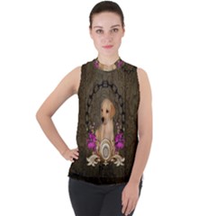 Cute Little Puppy With Flowers Mock Neck Chiffon Sleeveless Top by FantasyWorld7