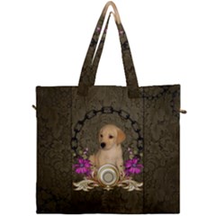 Cute Little Puppy With Flowers Canvas Travel Bag by FantasyWorld7