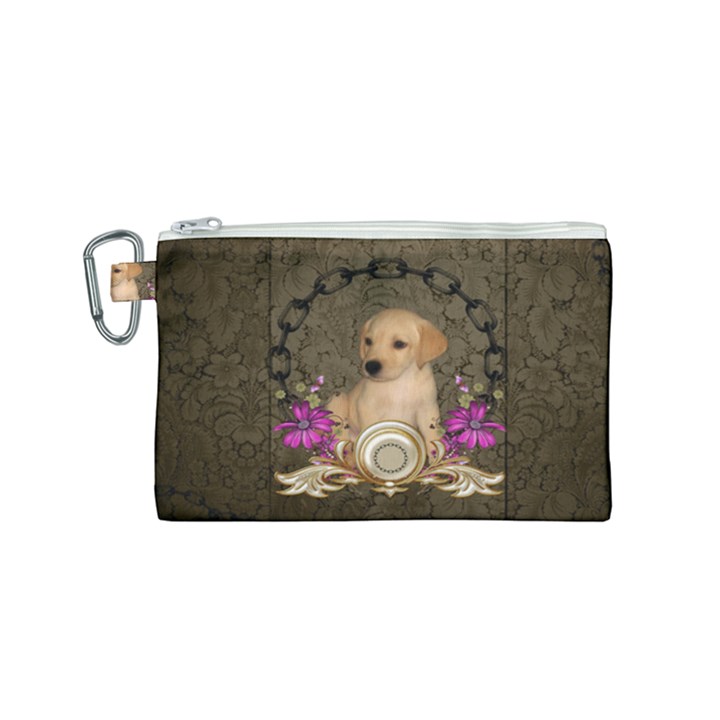 Cute Little Puppy With Flowers Canvas Cosmetic Bag (Small)