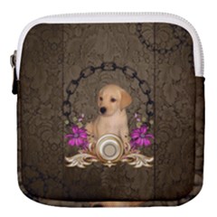 Cute Little Puppy With Flowers Mini Square Pouch by FantasyWorld7