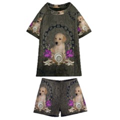 Cute Little Puppy With Flowers Kids  Swim Tee And Shorts Set by FantasyWorld7