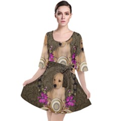 Cute Little Puppy With Flowers Velour Kimono Dress