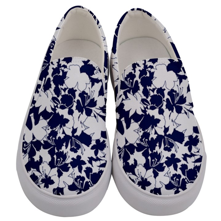 Navy & White Floral Design Men s Canvas Slip Ons