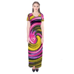 Swirl Vortex Motion Pink Yellow Short Sleeve Maxi Dress