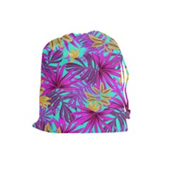 Tropical Greens Pink Leaves Drawstring Pouch (large)