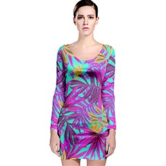 Tropical Greens Pink Leaves Long Sleeve Bodycon Dress