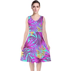 Tropical Greens Pink Leaves V-neck Midi Sleeveless Dress 